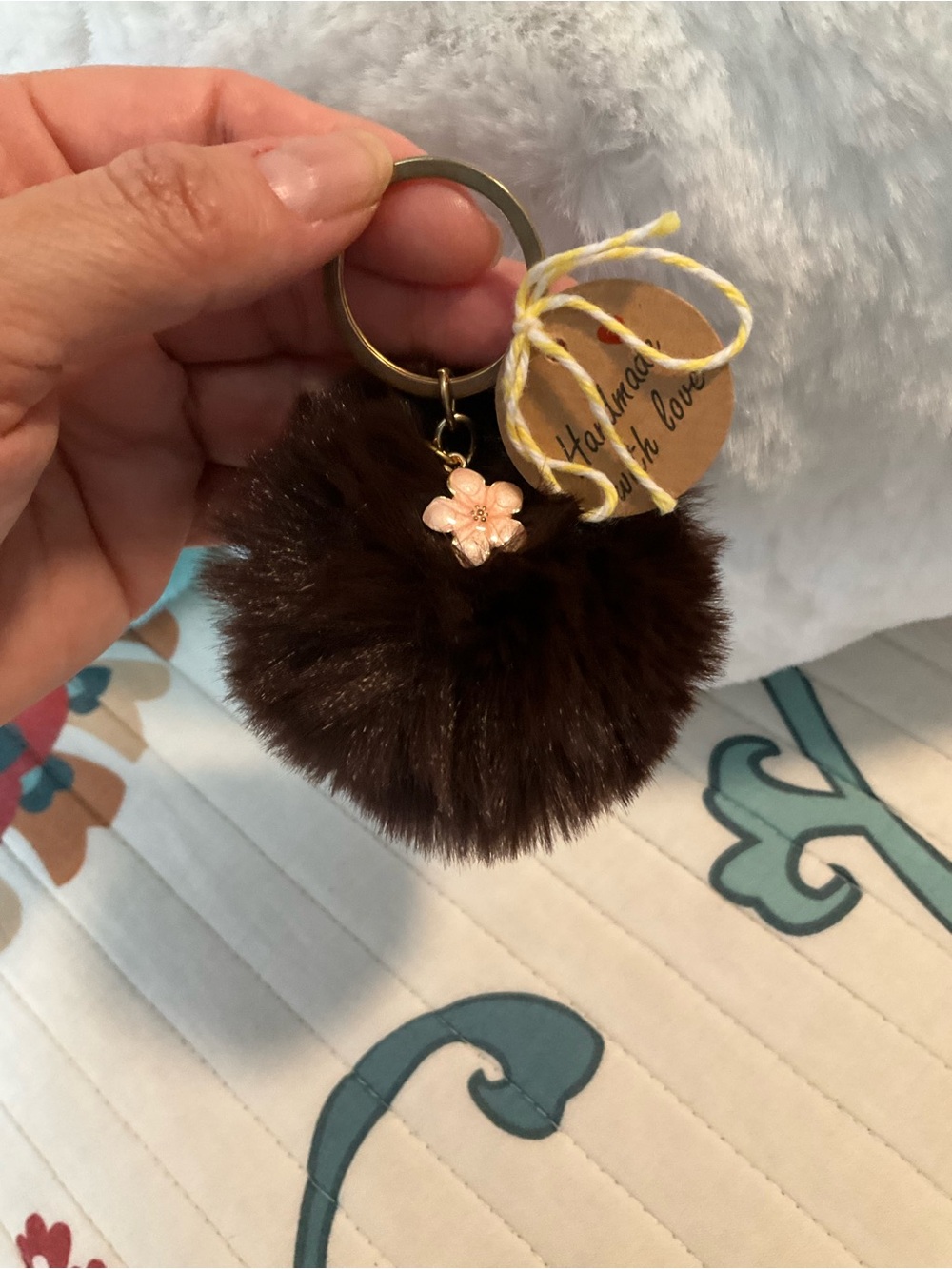 Brown Plush Pom Keychain with Pink Flower Charm - NWT Handmade